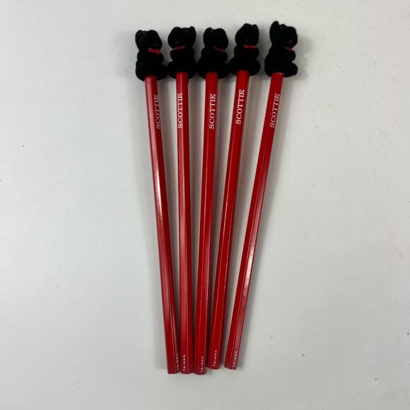 Vintage Dept 56 Scottie Dog Pencil Set With Red Knit Stocking Holder Taiwan 9" - Picture 2 of 11